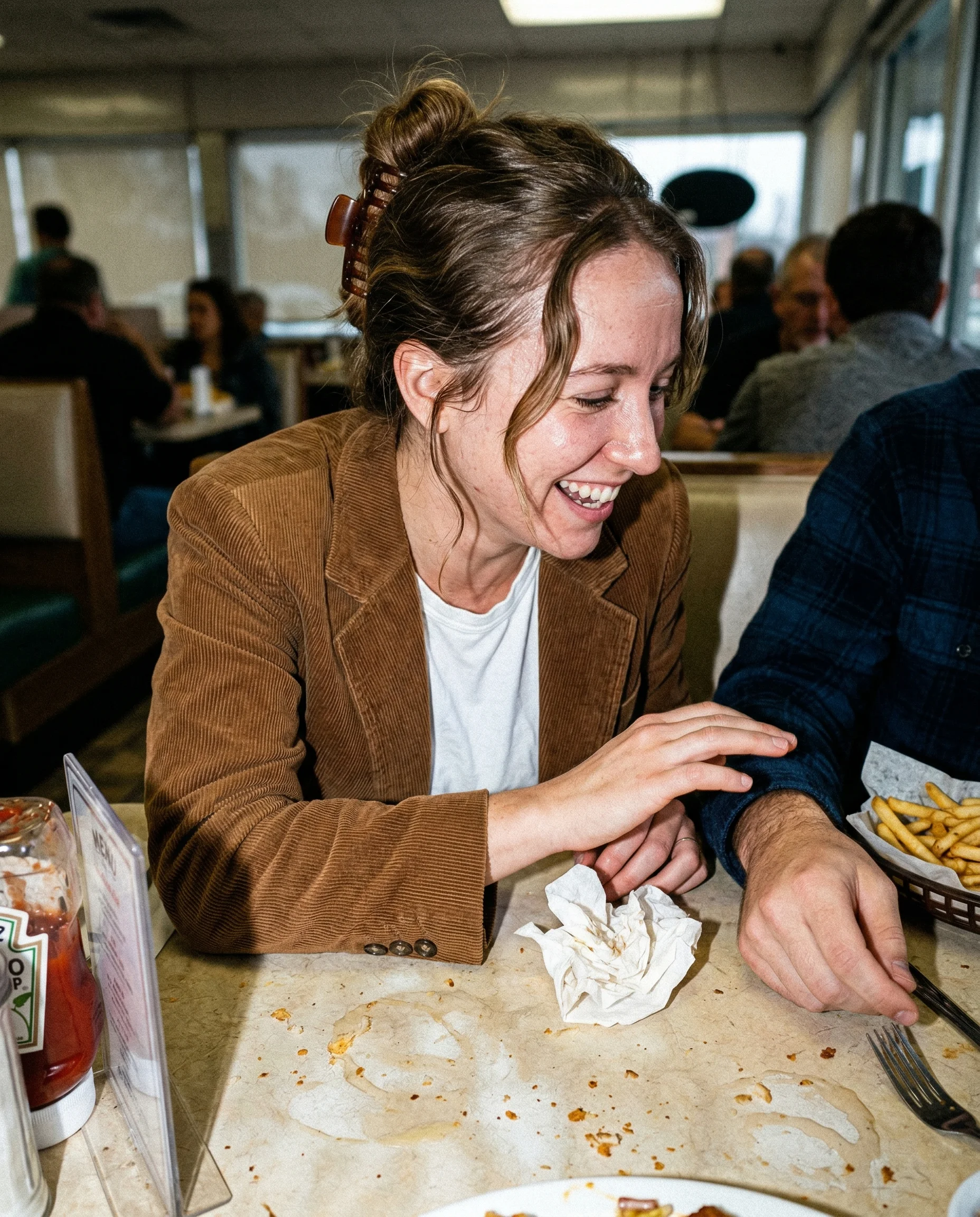 diner booth napkin reach candid