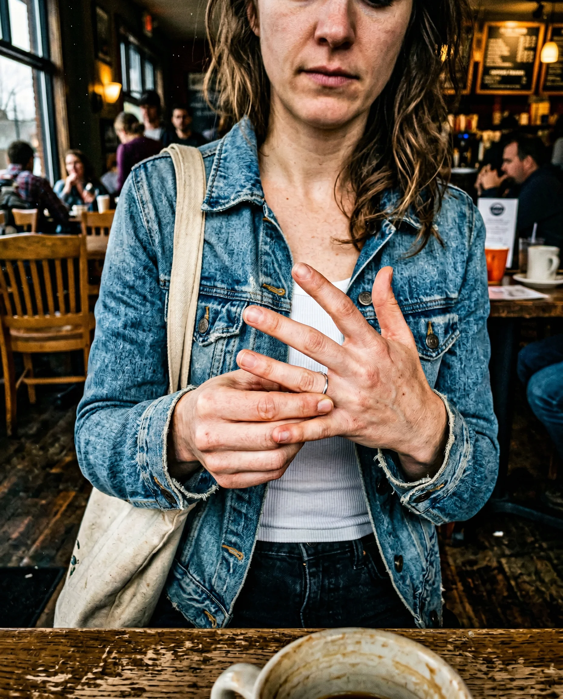 fidgeting hands at coffee shop table